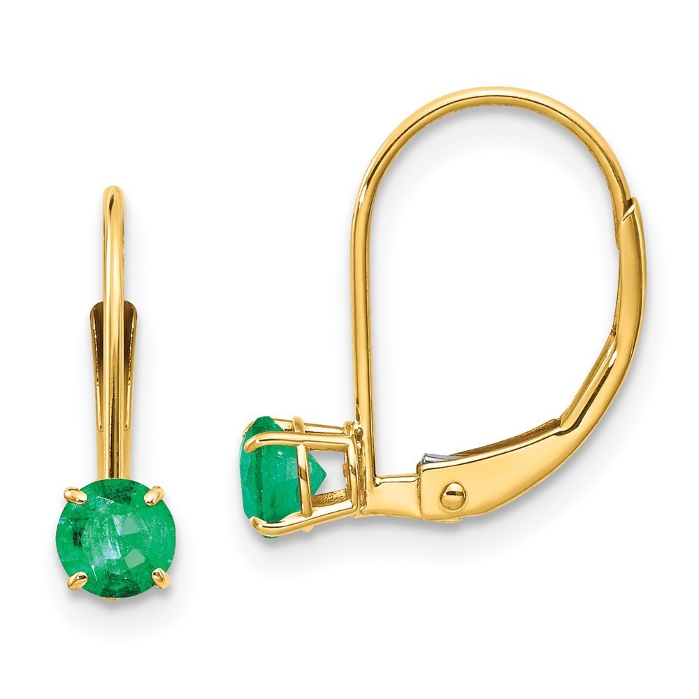 Million Charms 14k Yellow Gold 4mm Round May/Green Emerald Leverback Earrings